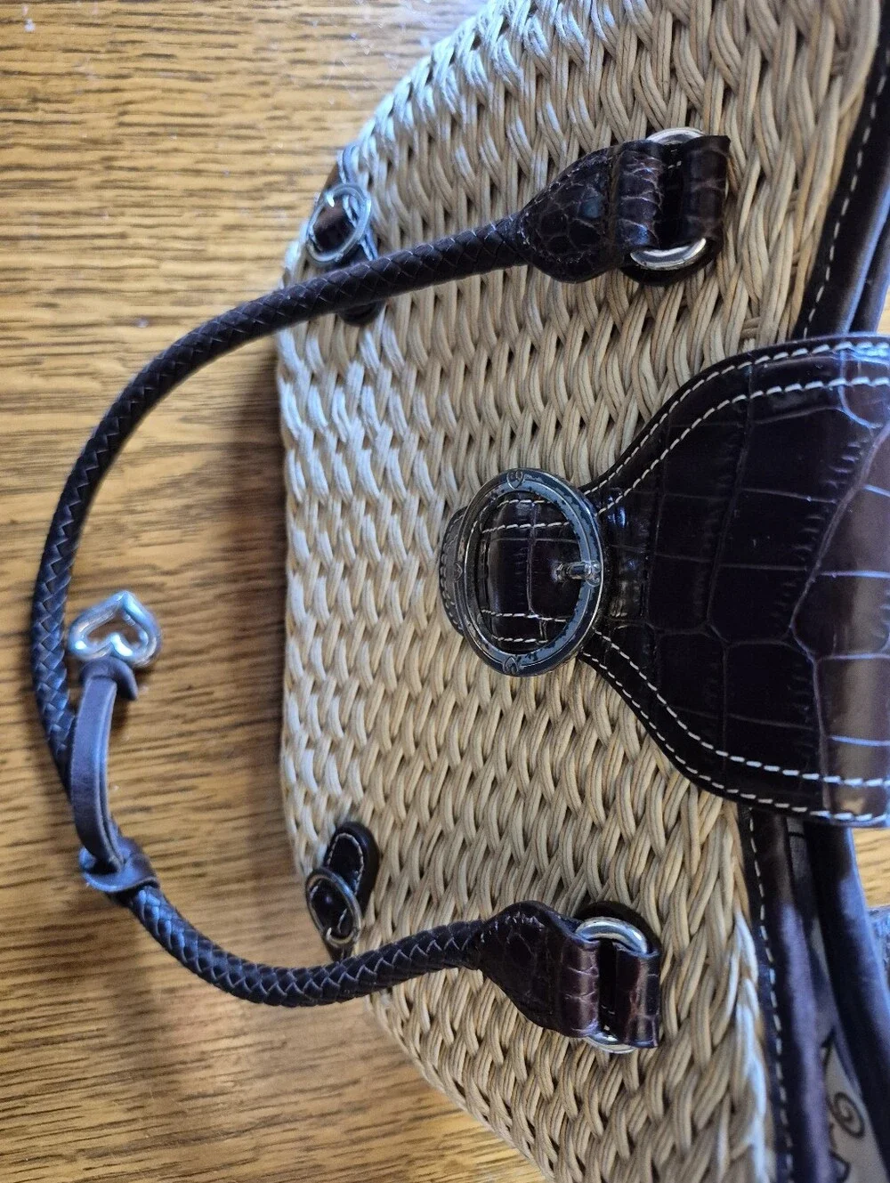 BRIGHTON woven Straw Tote Handbag with Dark Brown Croc-Trim